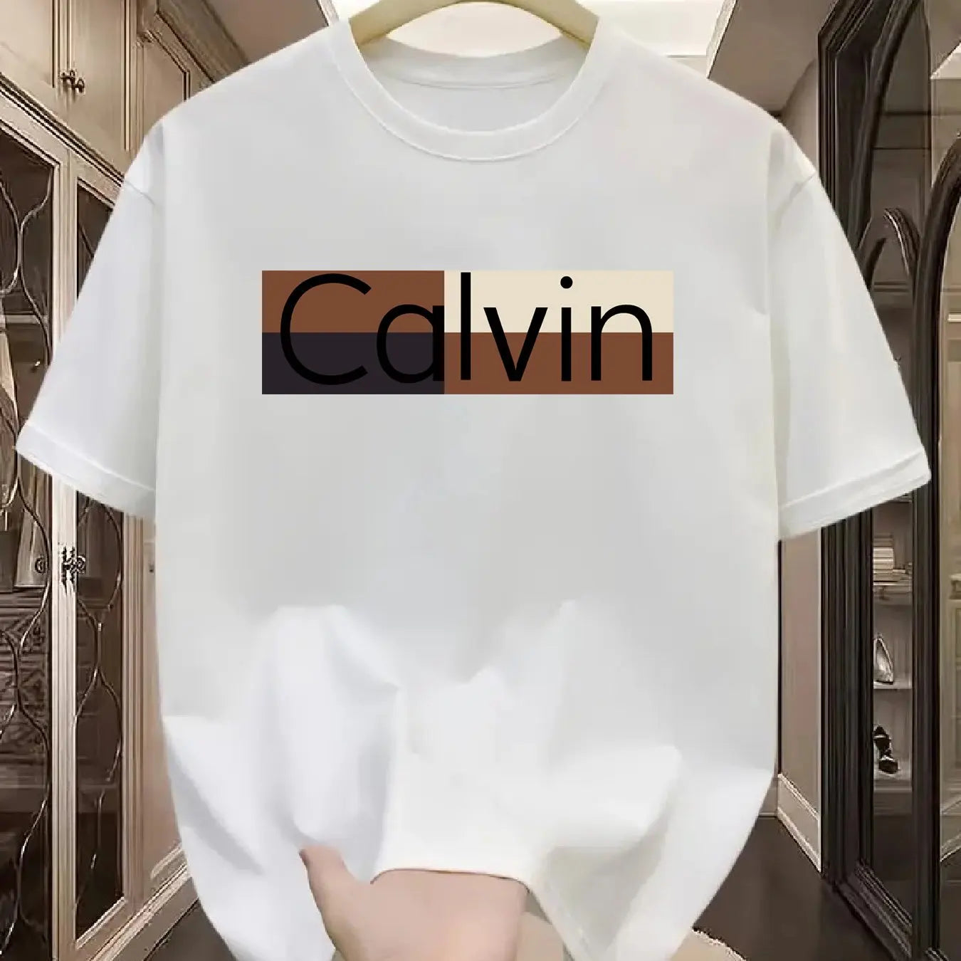 Men's summer 100% pure cotton fashionable casual sports loose Calvin pattern printed round neck short sleeved T-shirt top