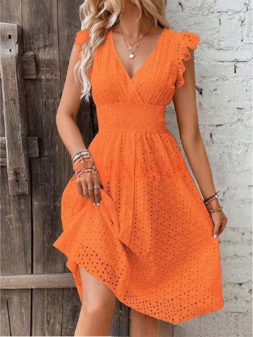 2024 new multi colored summer women's clothing fashionable temperament casual commuting lotus leaf sleeve elegant dress