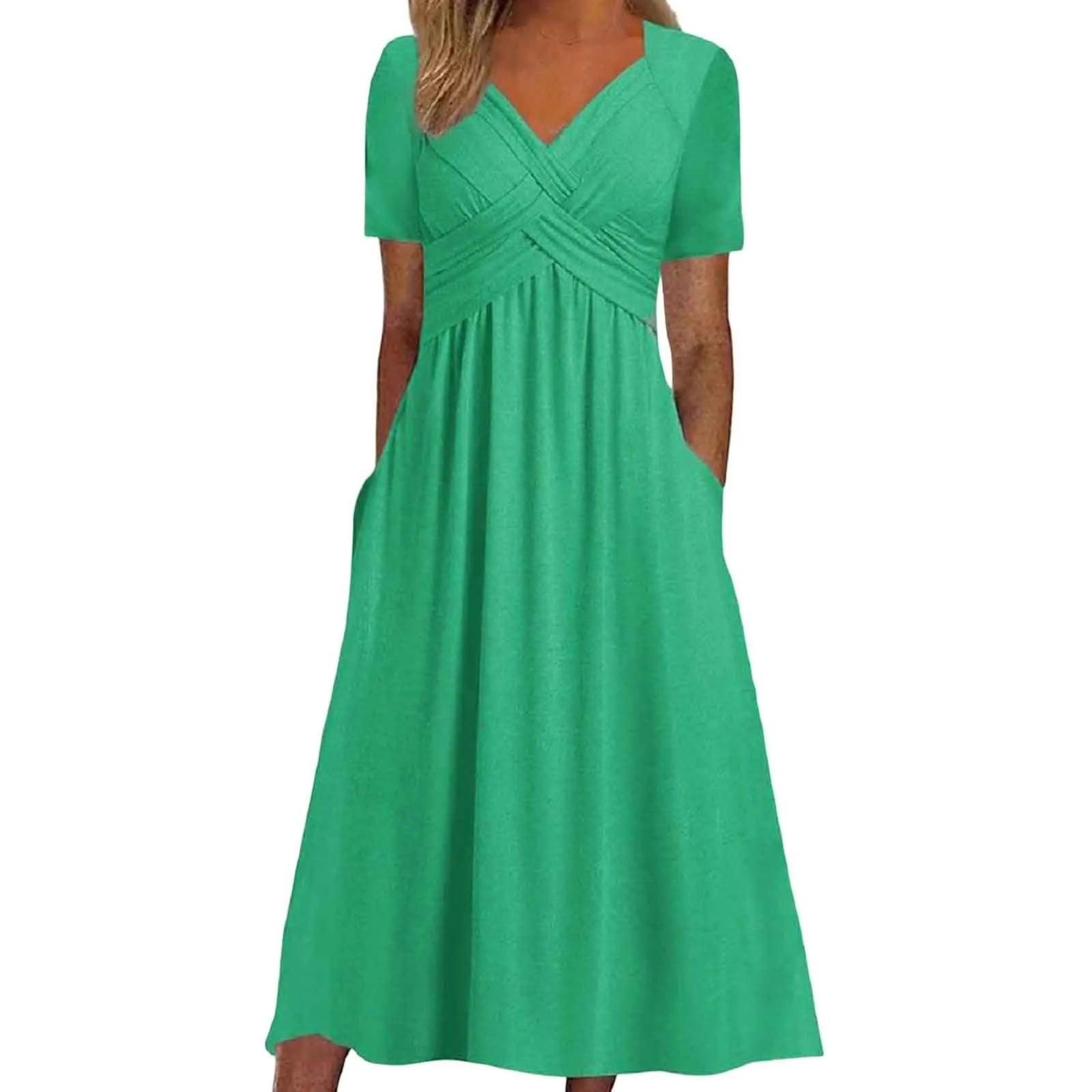 Women A Line Pleated Maxi Dress Summer Solid Color Plus Size Ruffles Long Dresses 2024 New Short Sleeve Holiday Sundress Robe