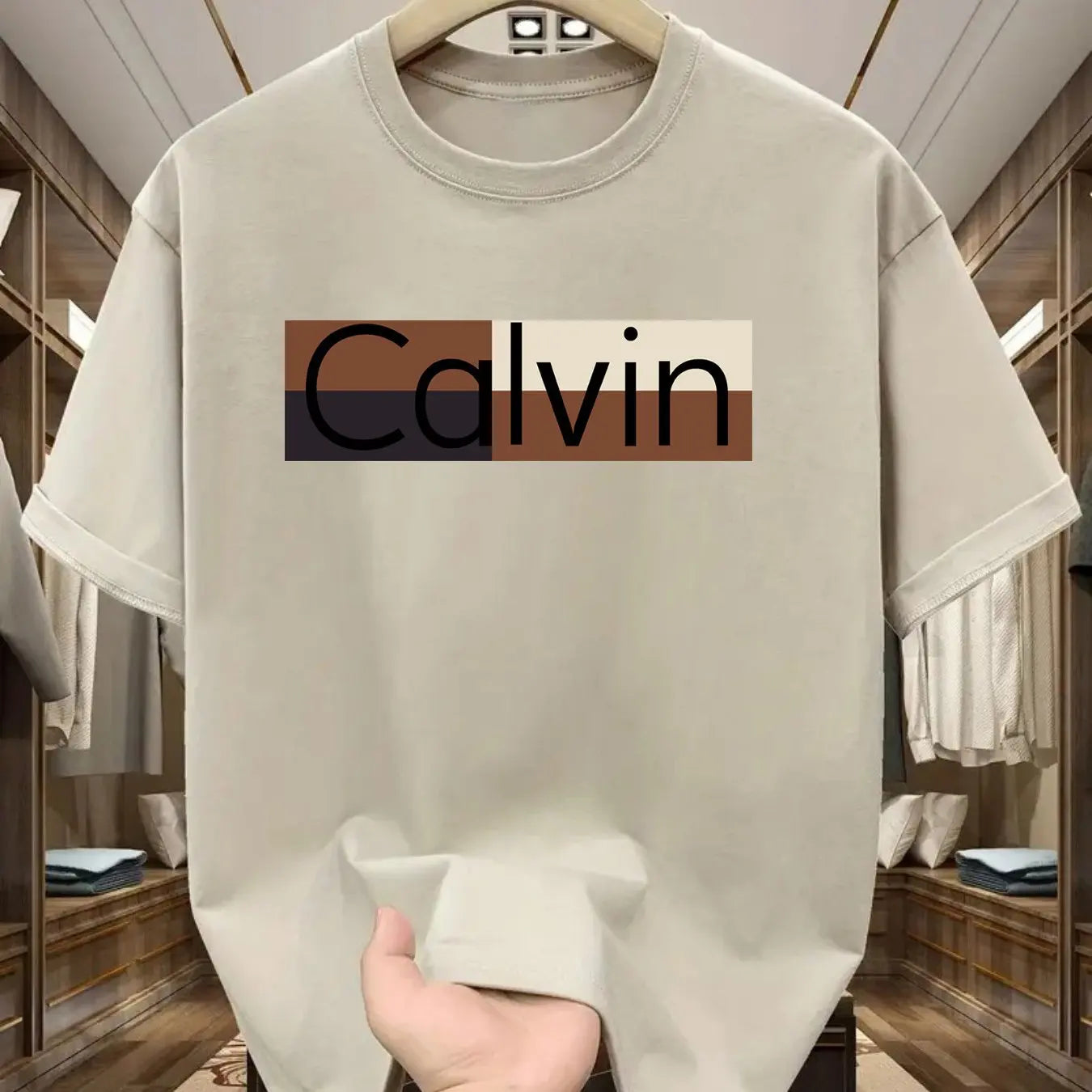 Men's summer 100% pure cotton fashionable casual sports loose Calvin pattern printed round neck short sleeved T-shirt top