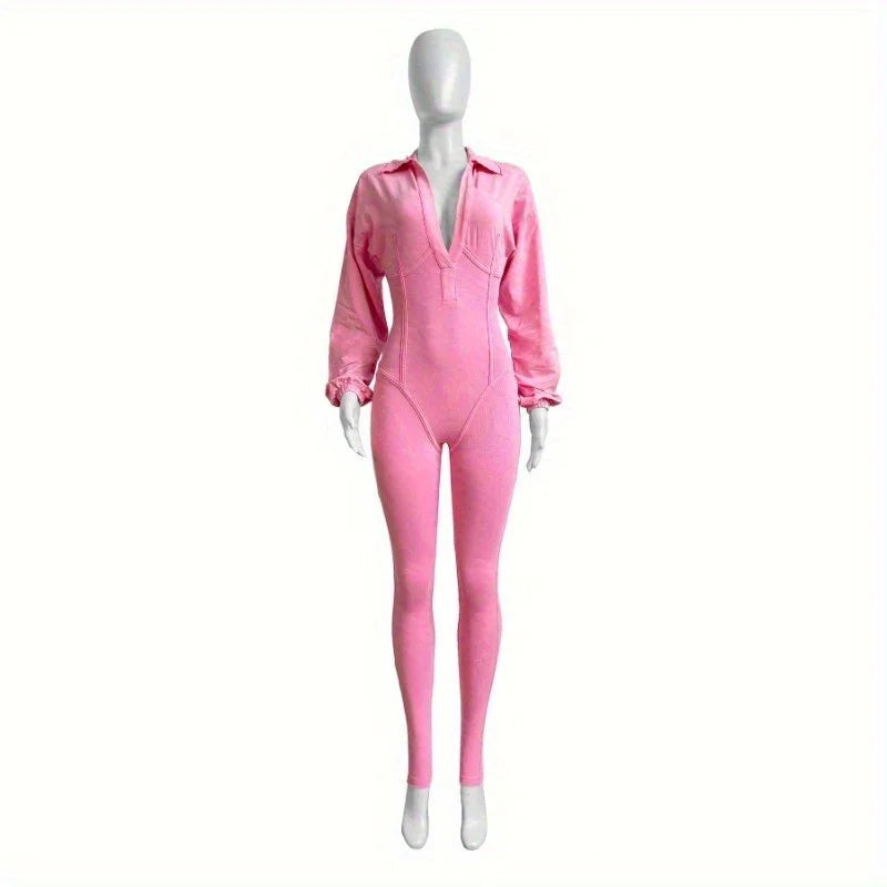 Costumes Accessories European and American Fashion Women's Clothing Washed and Worn Deep V Tight Long-sleeved Autumn  Jumpsuits