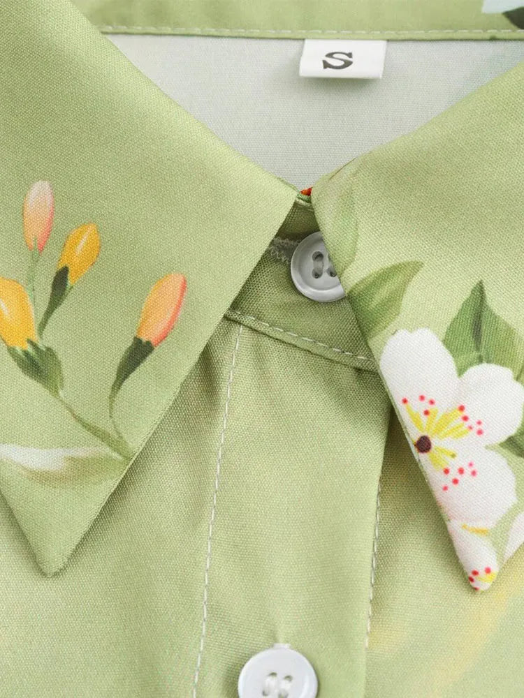 Women's clothing 2024 new fashion European and American style retro simple printed lapel single-breasted slim flower dress