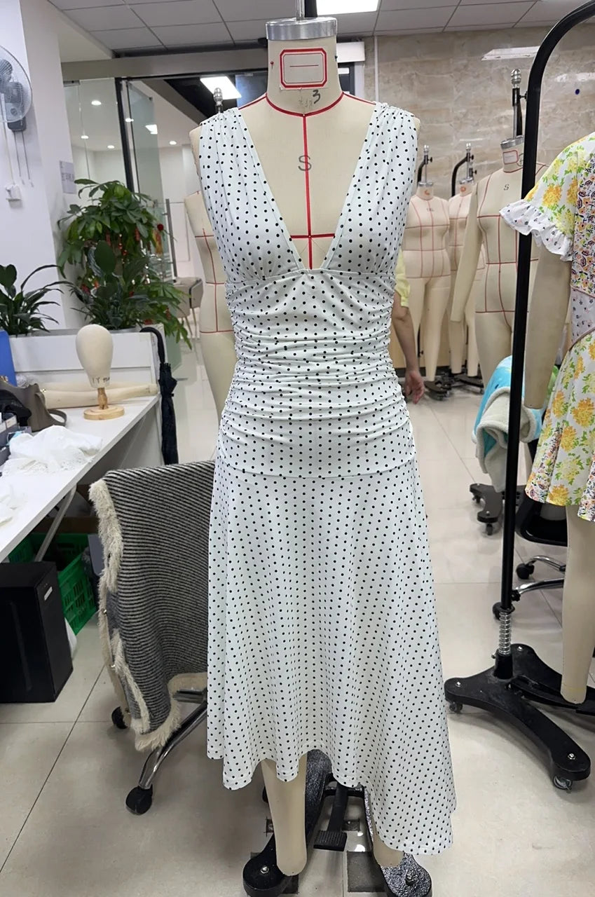hirigin Elegant Women's Tank Dress Stylish Dot Print Pleated Waist Sleeveless V Neck A Line Dress for Summer Party Club
