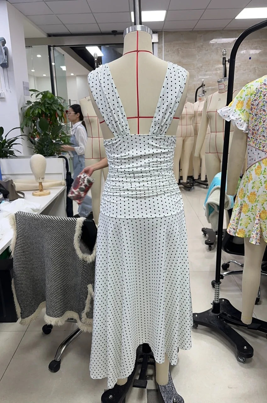 hirigin Elegant Women's Tank Dress Stylish Dot Print Pleated Waist Sleeveless V Neck A Line Dress for Summer Party Club