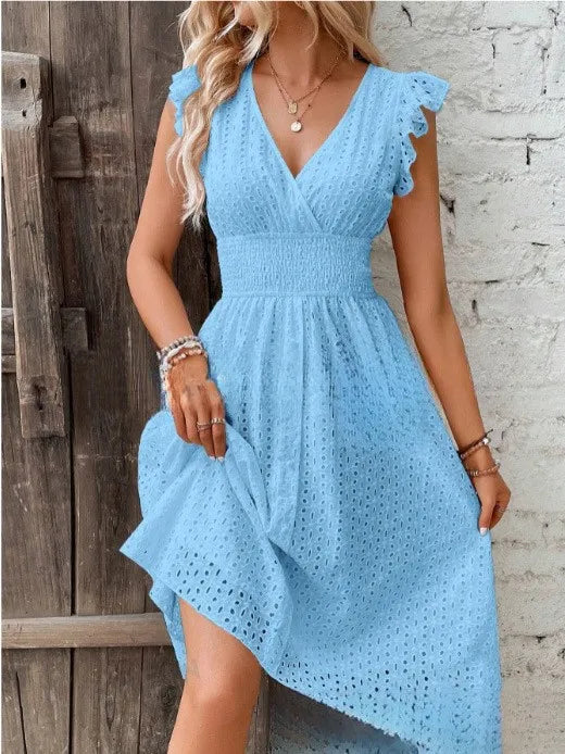 2024 new multi colored summer women's clothing fashionable temperament casual commuting lotus leaf sleeve elegant dress
