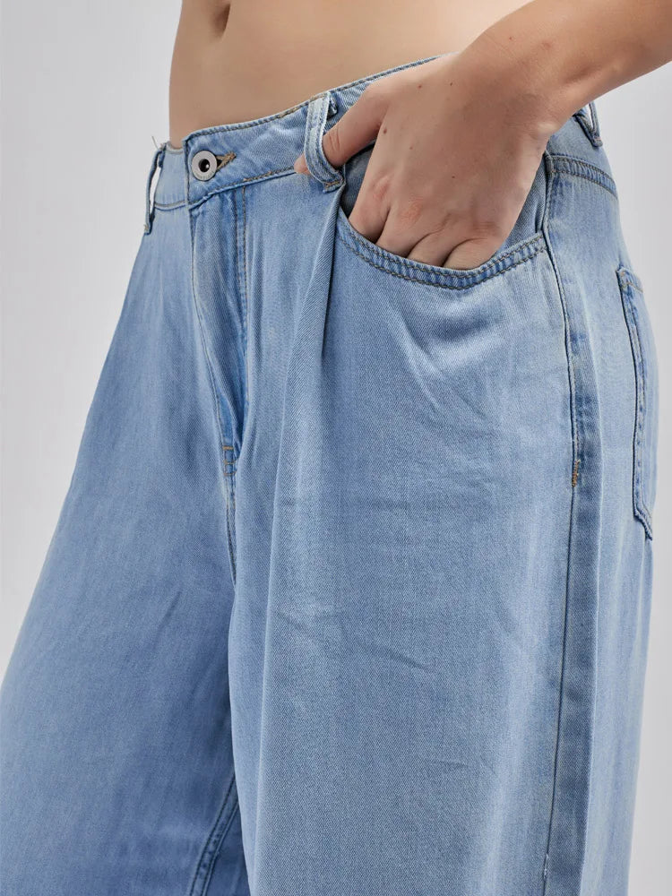 2025 Summer Women's Low Waist Wide-Leg Loose Viscose Denim Jeans Casual Pants With Pockets Smooth Blue Washed Outdoor Trousers