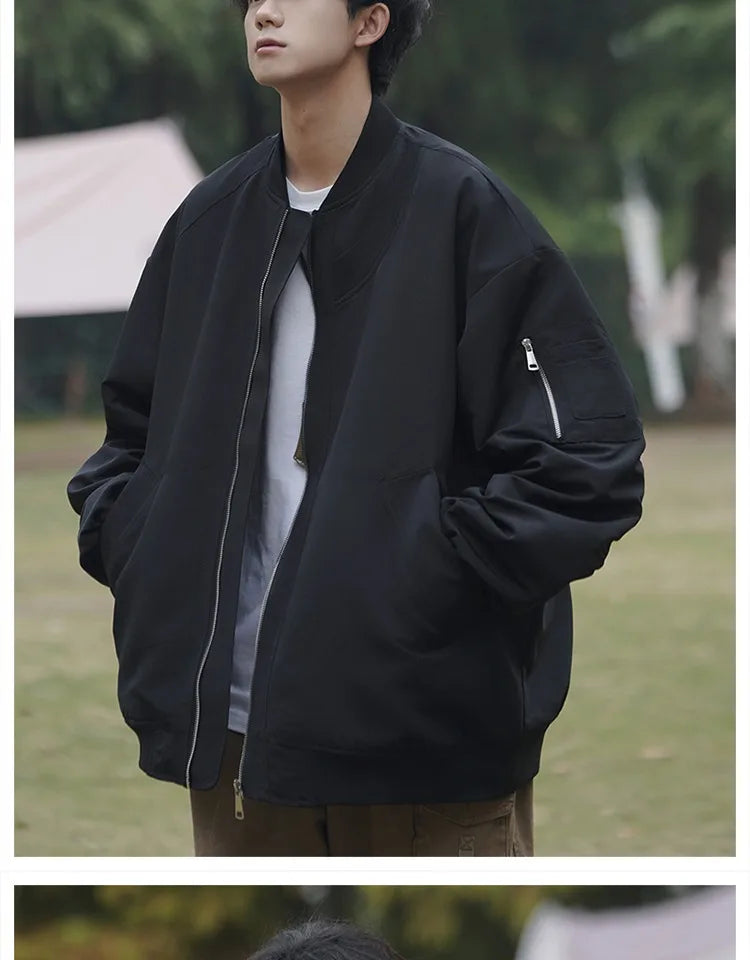 Man Bomber Jacket Oversize Spring Autumn Boys Long Sleeve Stand Collar Baseball Clothes Black Green Retro Coat Plus Size Xxl