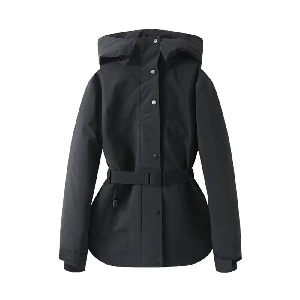 2025 fashionable women's clothing with European and American style design featuring a cinched waisthooded skiing and warm co
