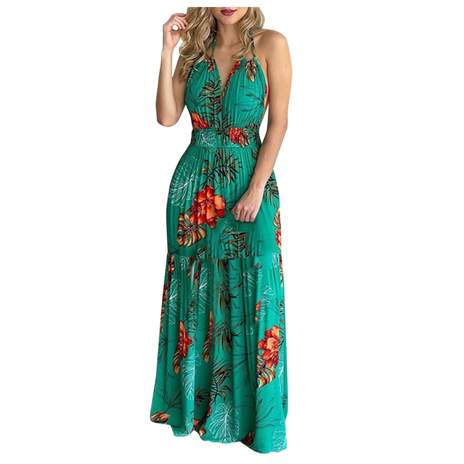 Women Tropical Print Halter Backless Maxi Dress Sexy Sleeveless Deeep V Beach Dress Chic Elegant Ruffles Pleated Dress Vestidos
