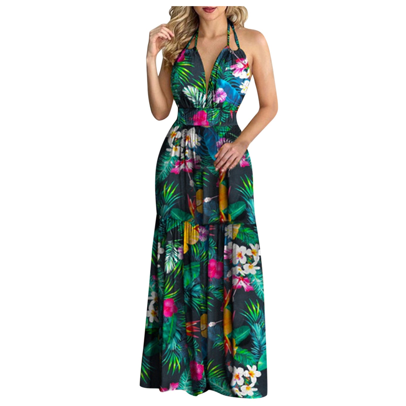 Women Tropical Print Halter Backless Maxi Dress Sexy Sleeveless Deeep V Beach Dress Chic Elegant Ruffles Pleated Dress Vestidos