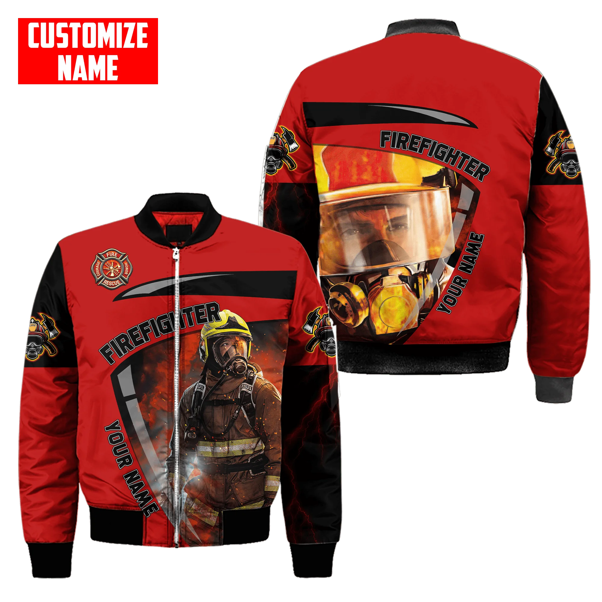 Men bomber jacket Customize Name Brave Firefighter 3D Printed winter zipper Jacket casual unisex Harajuku Streetwear coat FX-07