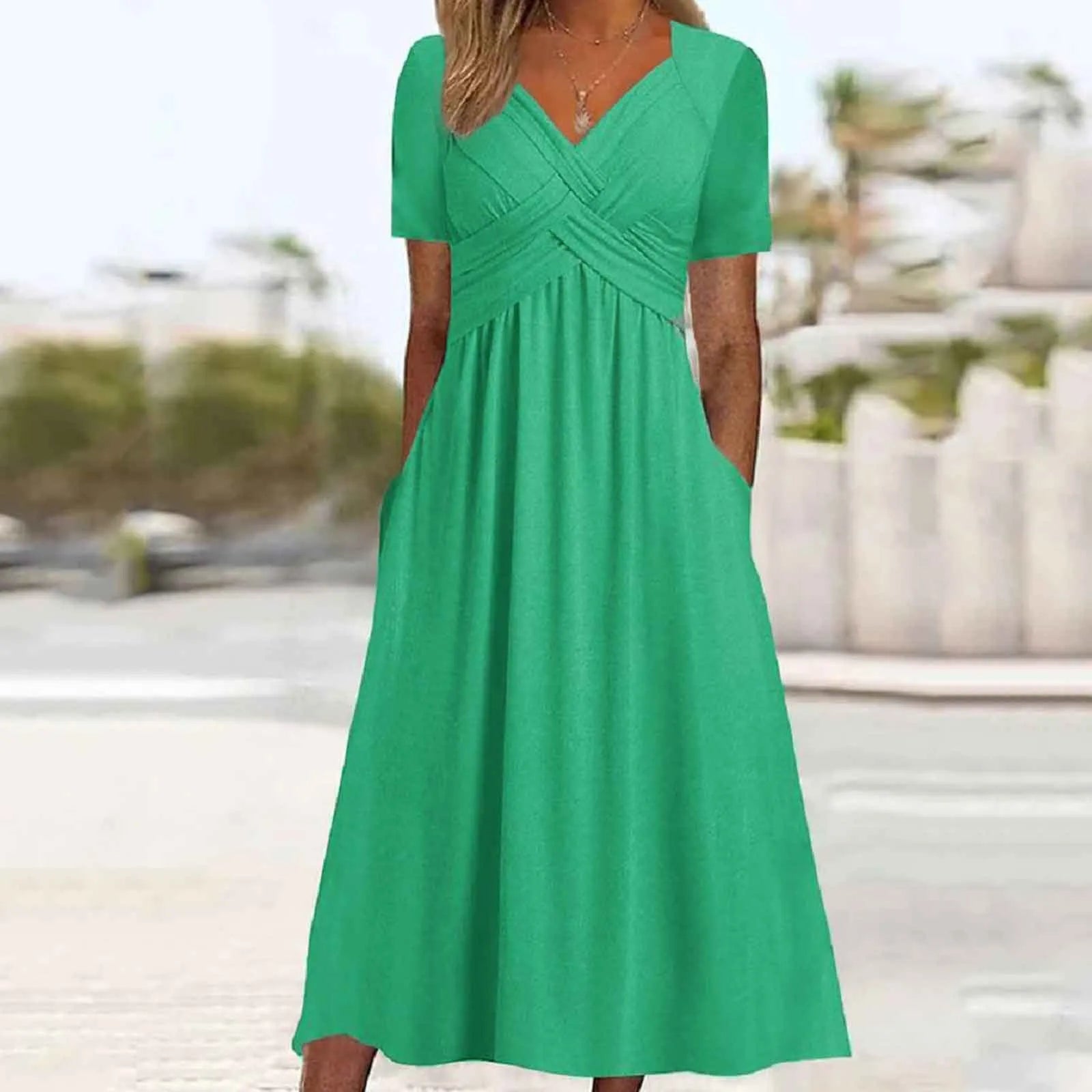Women A Line Pleated Maxi Dress Summer Solid Color Plus Size Ruffles Long Dresses 2024 New Short Sleeve Holiday Sundress Robe