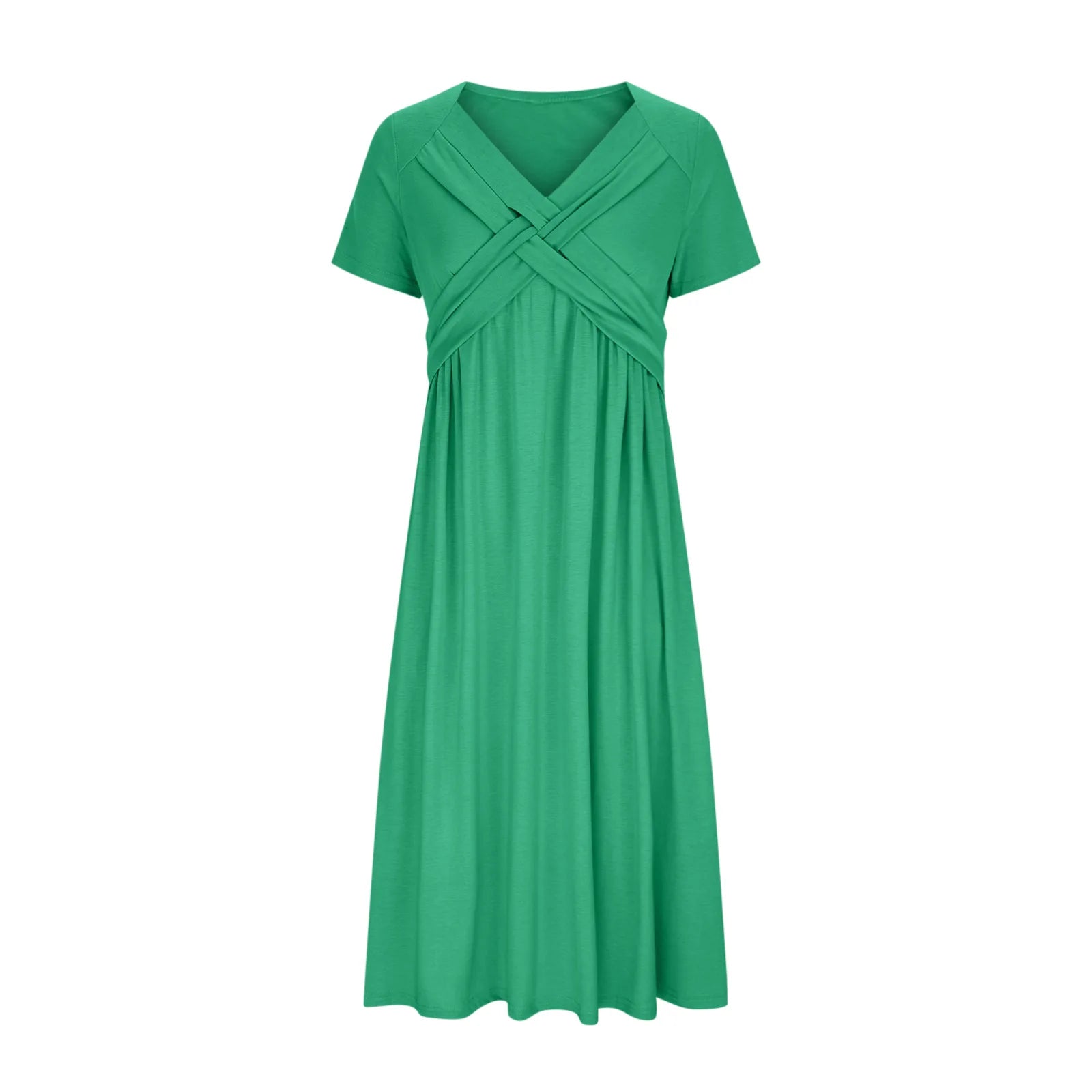 Women Summer Short-sleeve Dress Solid Color Maxi Dress Casual Beach Twist Front V Neck Pleated A Line Pockets Mid Long Dress