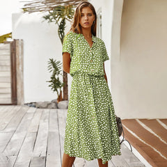 Vintage Floral Print Dress Women Boho Short Sleeve Long Dress Turn Down Collar Casual Waistband Shirt Dresses Robe 2021 Summer