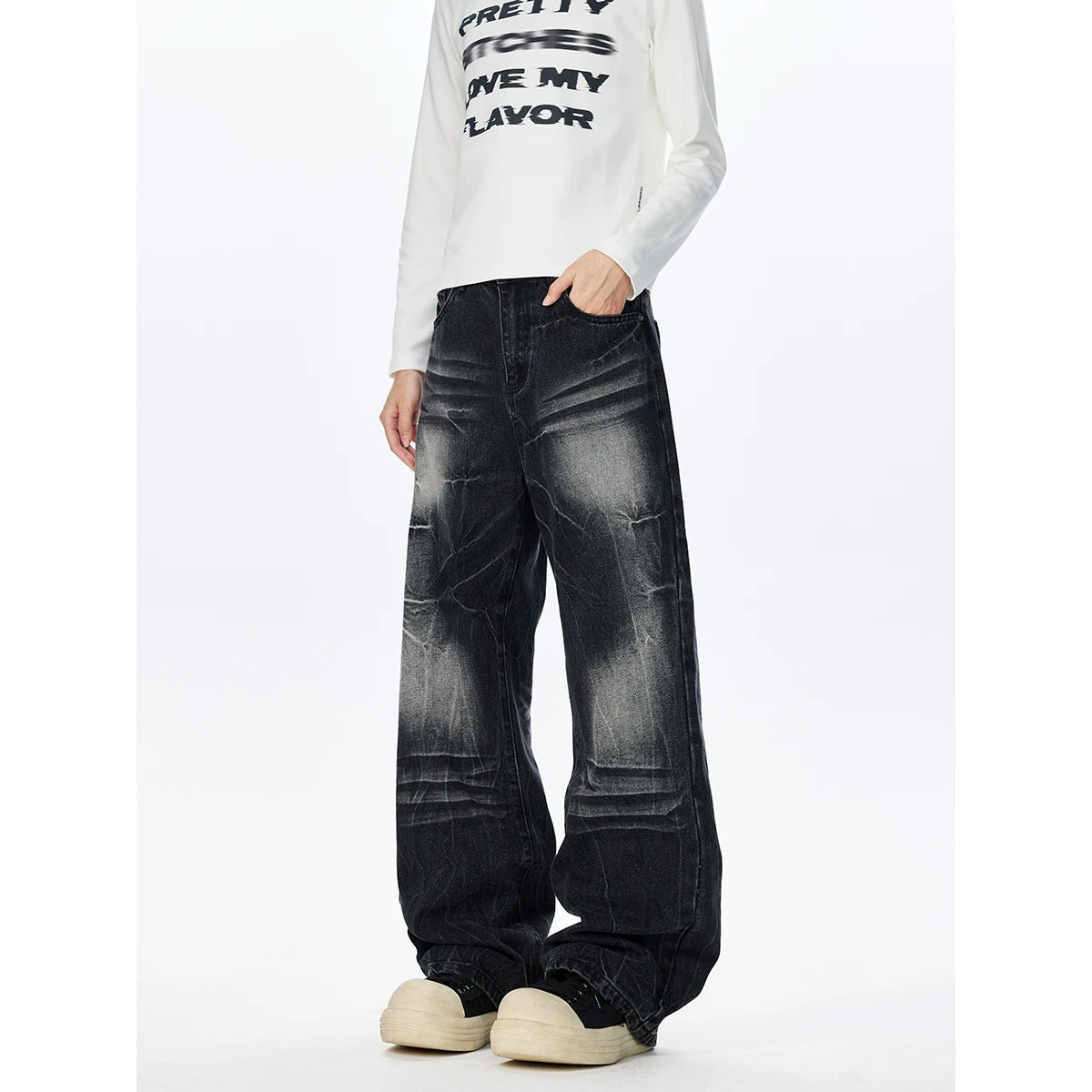 Mens Loose Fit Straight Leg Floor Length Jeans Lightning Wash Pattern Denim Pants Casual Streetwear Fashion Trendy Comfortable