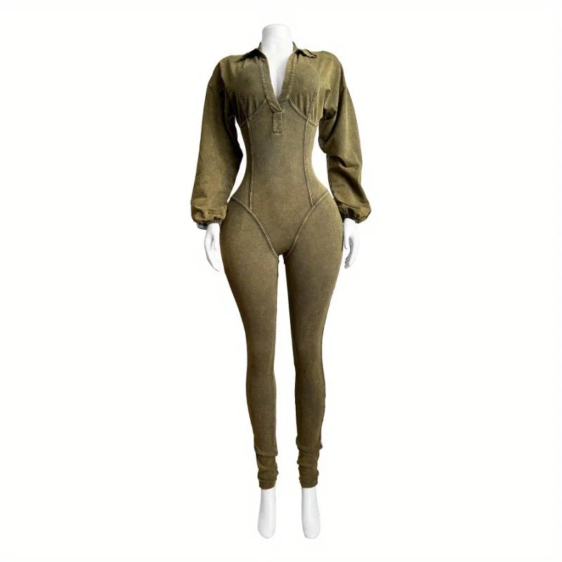 Costumes Accessories European and American Fashion Women's Clothing Washed and Worn Deep V Tight Long-sleeved Autumn  Jumpsuits