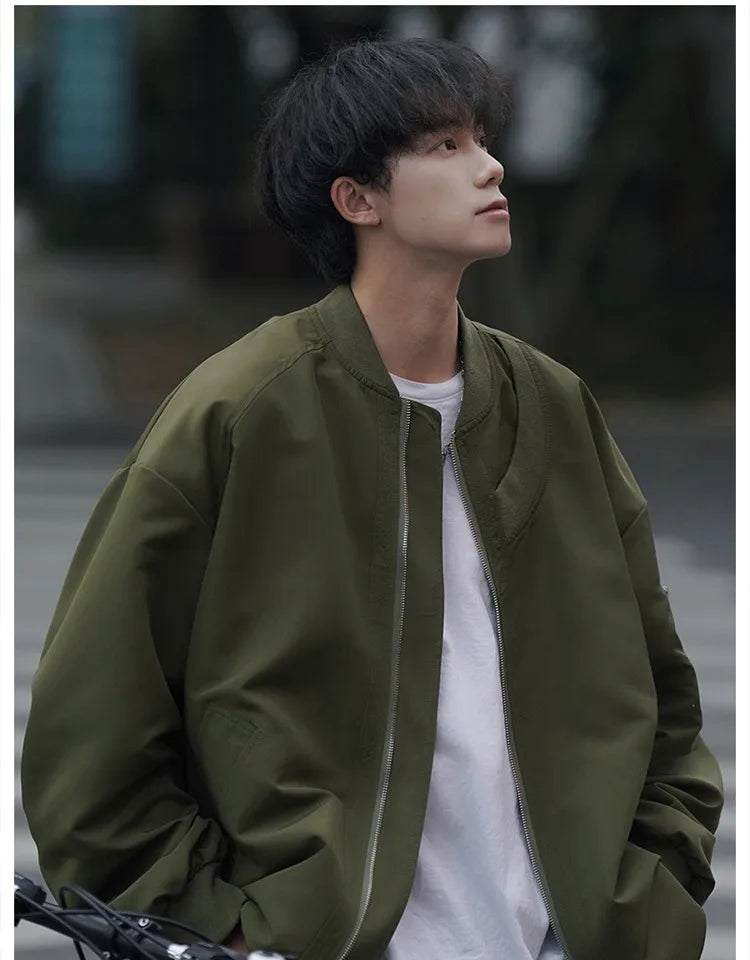 Man Bomber Jacket Oversize Spring Autumn Boys Long Sleeve Stand Collar Baseball Clothes Black Green Retro Coat Plus Size Xxl