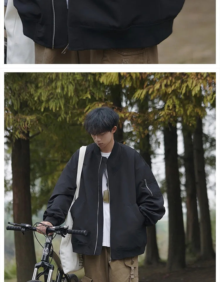 Man Bomber Jacket Oversize Spring Autumn Boys Long Sleeve Stand Collar Baseball Clothes Black Green Retro Coat Plus Size Xxl