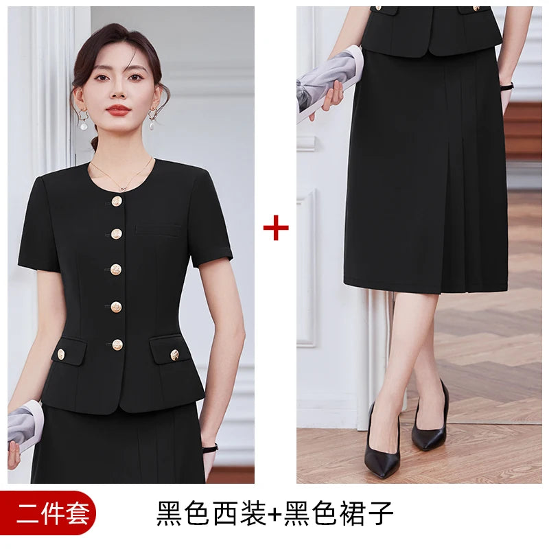 Fashionable professional women's clothing, high-quality two-piece short-sleeved blazer + long skirt, showing elegant temperament