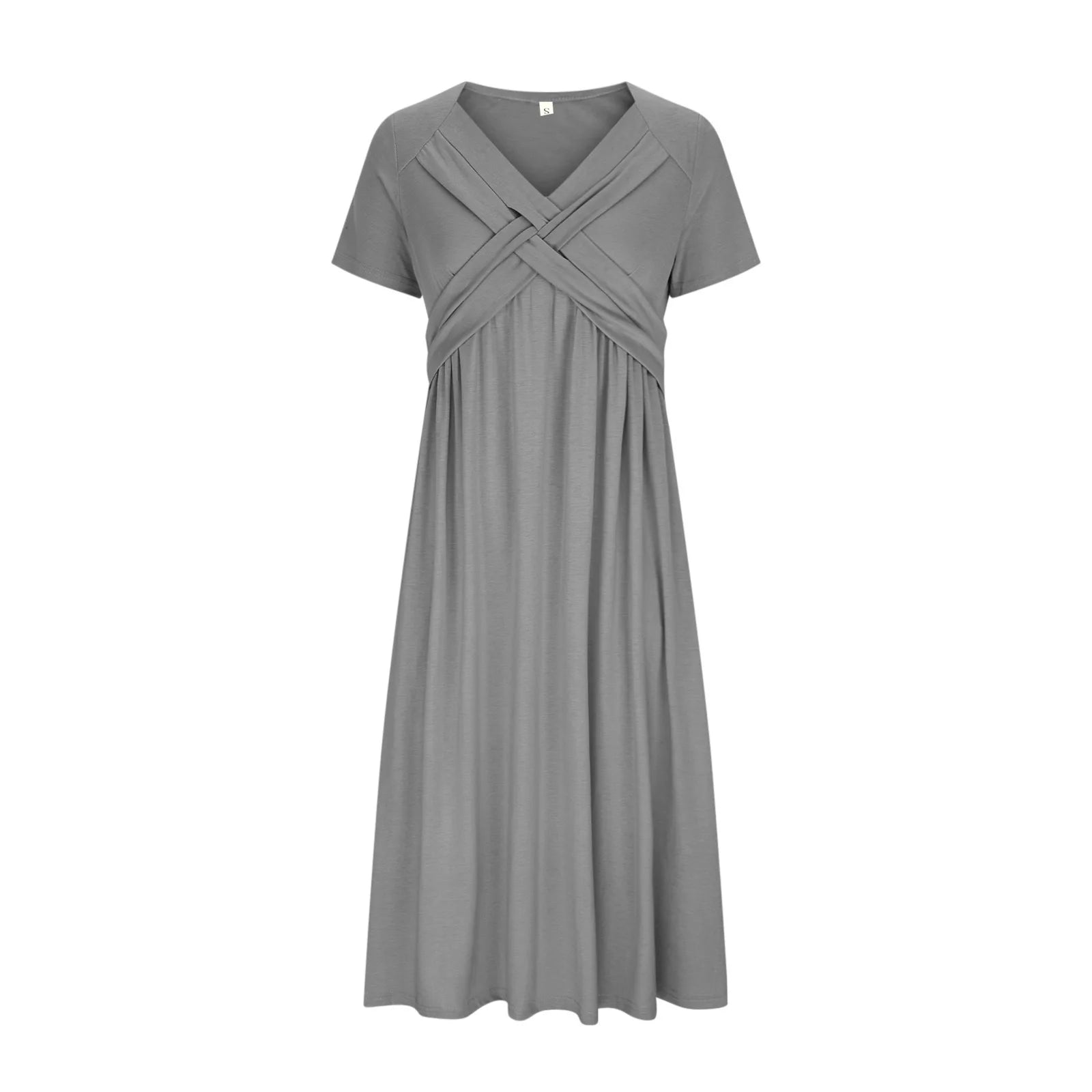 Women Summer Short-sleeve Dress Solid Color Maxi Dress Casual Beach Twist Front V Neck Pleated A Line Pockets Mid Long Dress