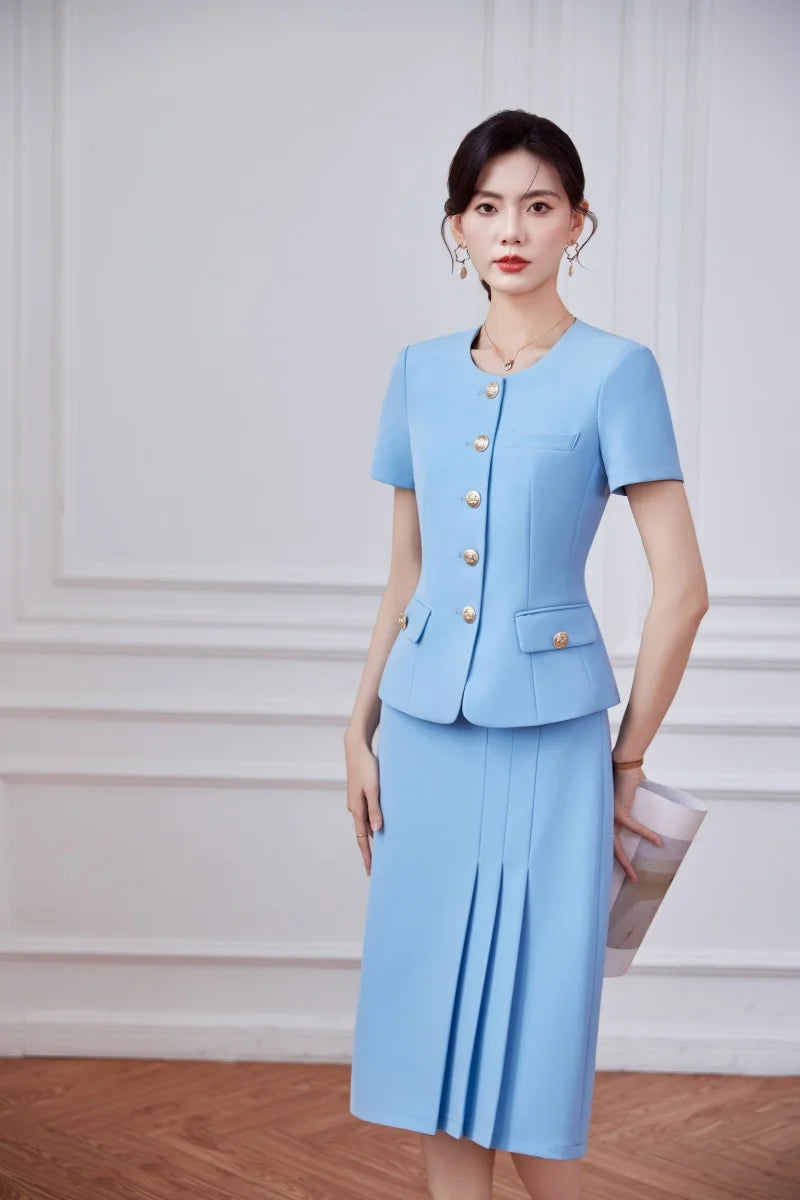 Fashionable professional women's clothing, high-quality two-piece short-sleeved blazer + long skirt, showing elegant temperament