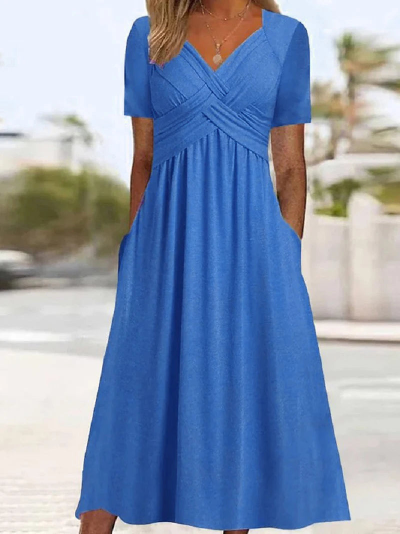 Women Summer Short-sleeve Dress Solid Color Maxi Dress Casual Beach Twist Front V Neck Pleated A Line Pockets Mid Long Dress