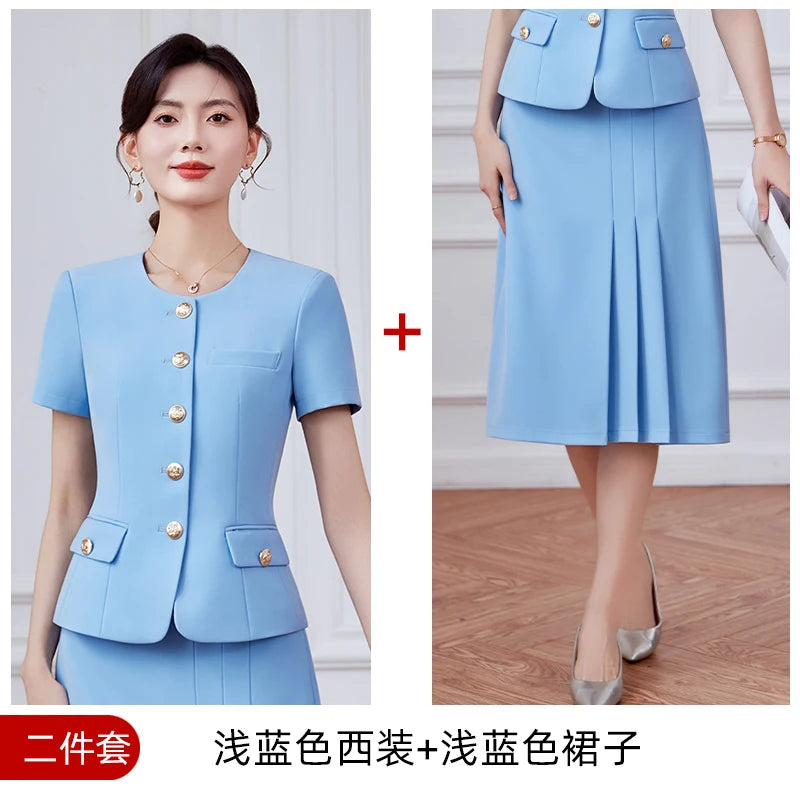 Fashionable professional women's clothing, high-quality two-piece short-sleeved blazer + long skirt, showing elegant temperament