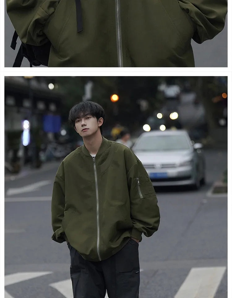 Man Bomber Jacket Oversize Spring Autumn Boys Long Sleeve Stand Collar Baseball Clothes Black Green Retro Coat Plus Size Xxl