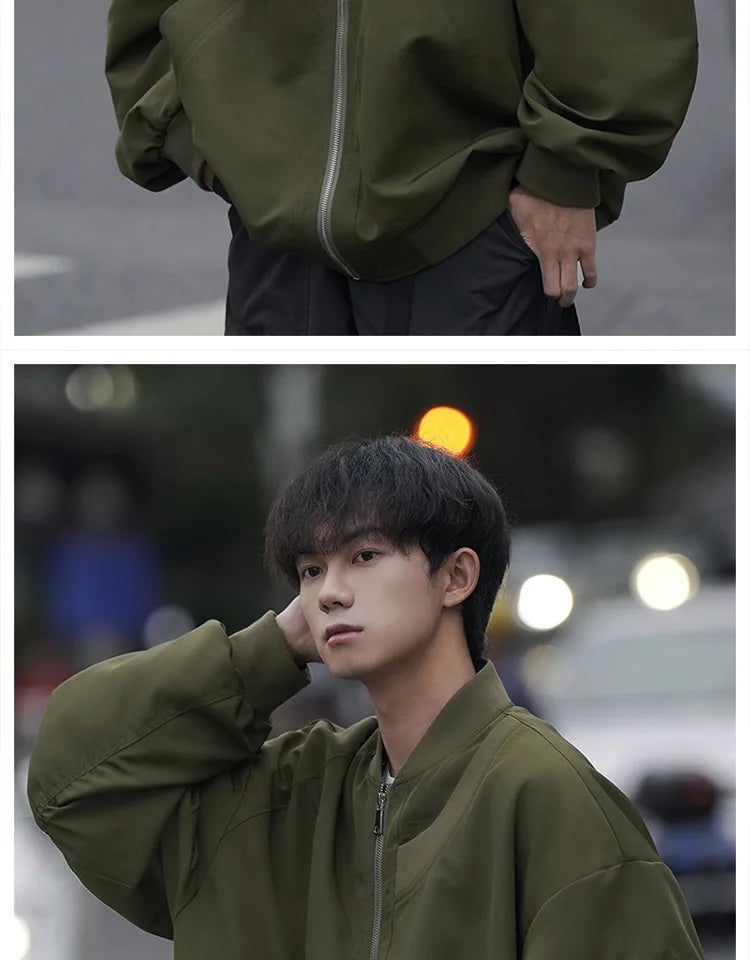 Man Bomber Jacket Oversize Spring Autumn Boys Long Sleeve Stand Collar Baseball Clothes Black Green Retro Coat Plus Size Xxl