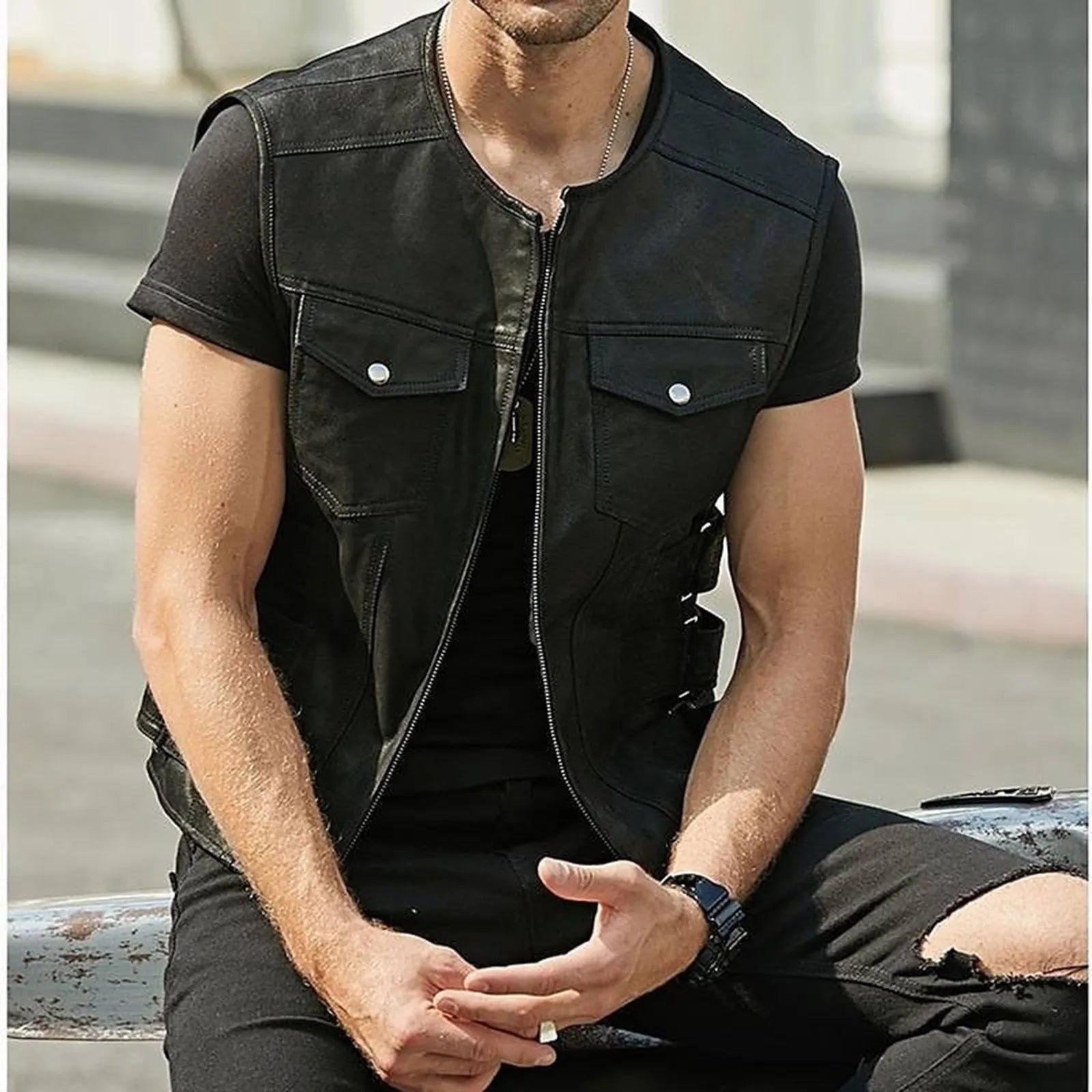 Men's Tank Top V-neck solid Multi Pocket Military Vest Reporter Photography Cardigan Outdoor Motorcycle Vest Men's jacket coat