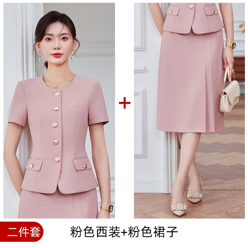 Fashionable professional women's clothing, high-quality two-piece short-sleeved blazer + long skirt, showing elegant temperament