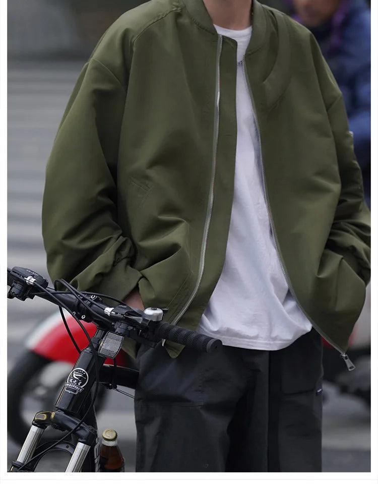 Man Bomber Jacket Oversize Spring Autumn Boys Long Sleeve Stand Collar Baseball Clothes Black Green Retro Coat Plus Size Xxl