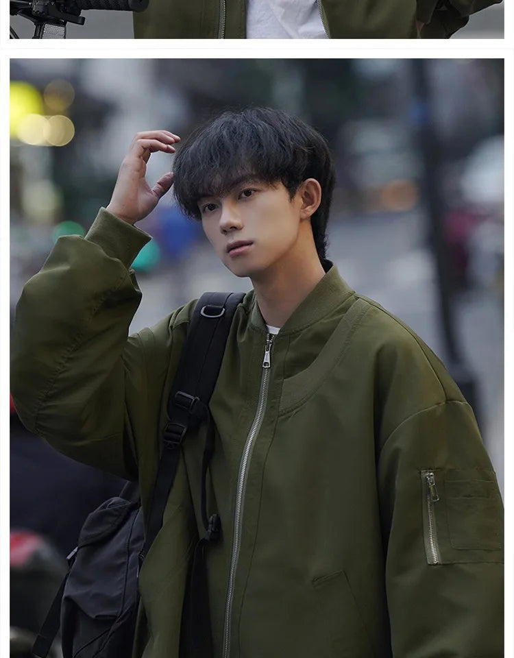 Man Bomber Jacket Oversize Spring Autumn Boys Long Sleeve Stand Collar Baseball Clothes Black Green Retro Coat Plus Size Xxl