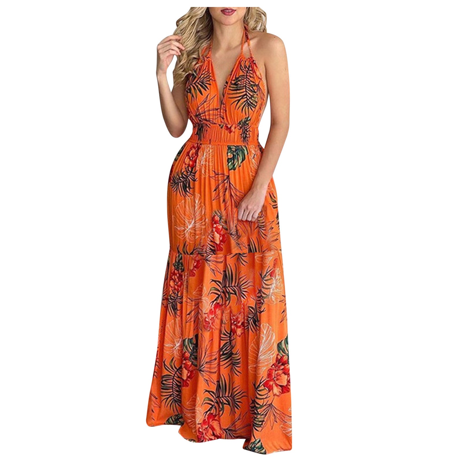 Women Tropical Print Halter Backless Maxi Dress Sexy Sleeveless Deeep V Beach Dress Chic Elegant Ruffles Pleated Dress Vestidos