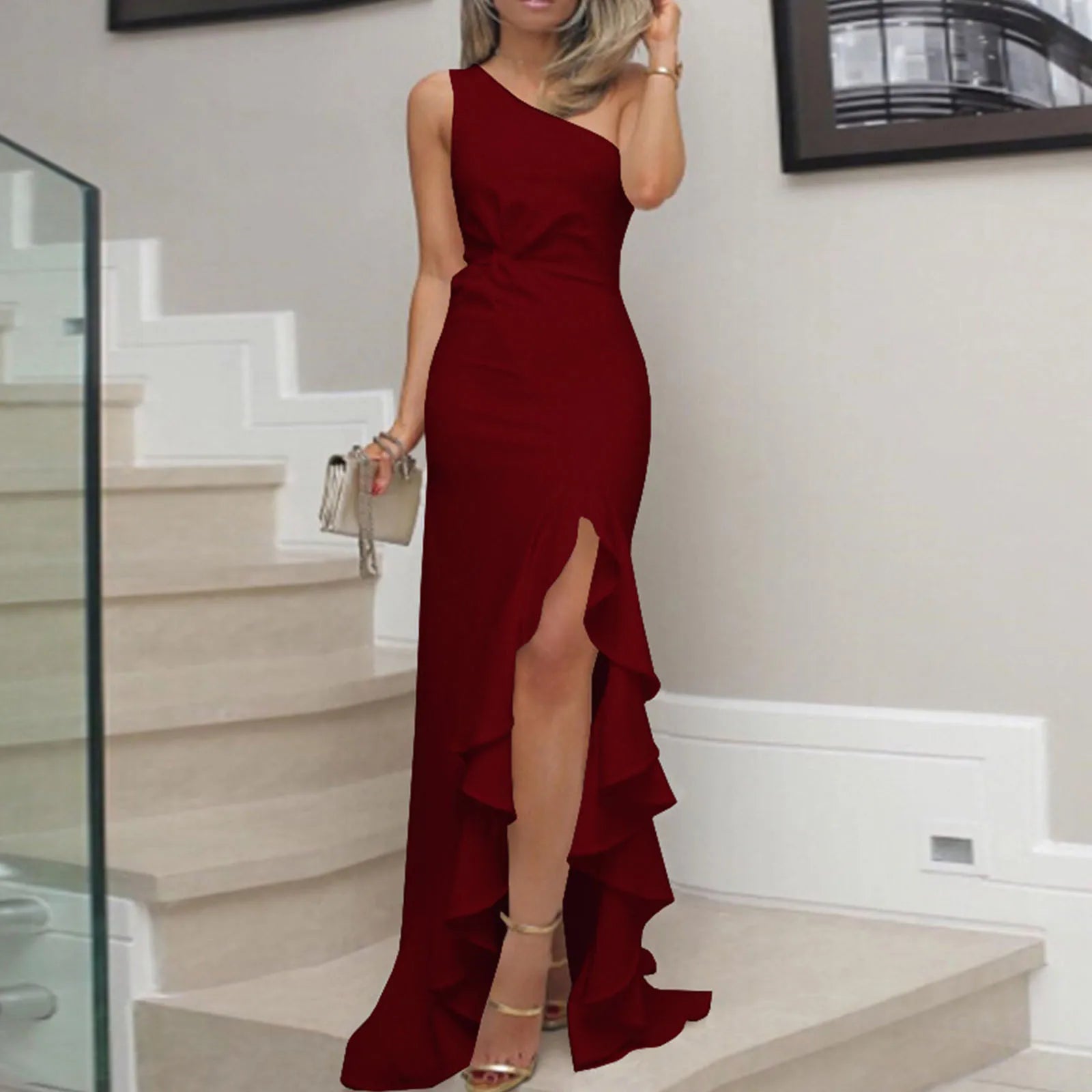 Elegant One Shoulder Ruched Prom Dresses Women Ruffle Waisted Formal Evening Dress Slim White Dress Female Formal Dress платье