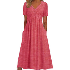 Women A Line Pleated Maxi Dress Summer Solid Color Plus Size Ruffles Long Dresses 2024 New Short Sleeve Holiday Sundress Robe