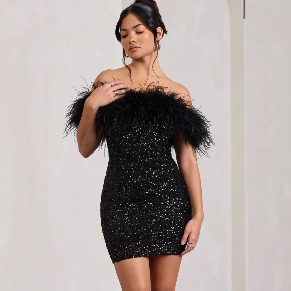 European and American Fashion New Women's Clothing, Strapless Hip Skirt, Celebrity Feather Party Dress