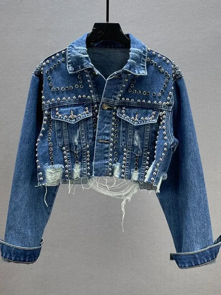 Womens Denim Jacket 2024 Spring Summer New in Heavy Industry Rivet Studded Jean Jacket Women Worn Nail Bead Jean Jacket Top
