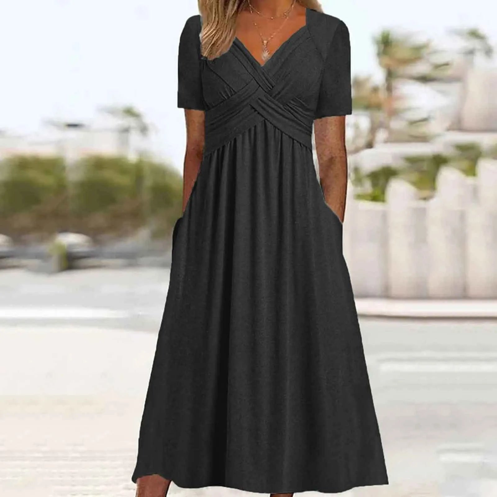 Women A Line Pleated Maxi Dress Summer Solid Color Plus Size Ruffles Long Dresses 2024 New Short Sleeve Holiday Sundress Robe