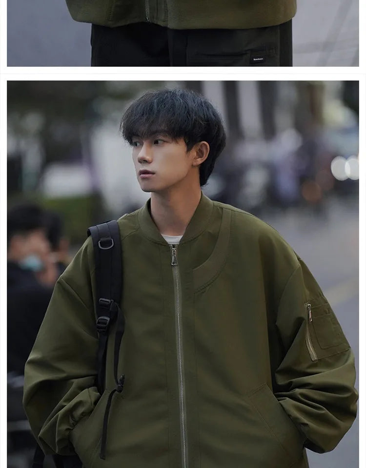 Man Bomber Jacket Oversize Spring Autumn Boys Long Sleeve Stand Collar Baseball Clothes Black Green Retro Coat Plus Size Xxl