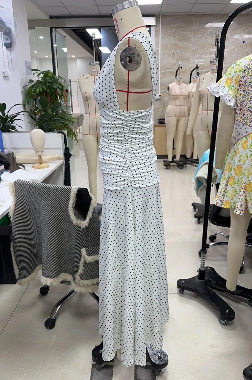 hirigin Elegant Women's Tank Dress Stylish Dot Print Pleated Waist Sleeveless V Neck A Line Dress for Summer Party Club