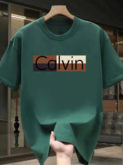 Men's summer 100% pure cotton fashionable casual sports loose Calvin pattern printed round neck short sleeved T-shirt top