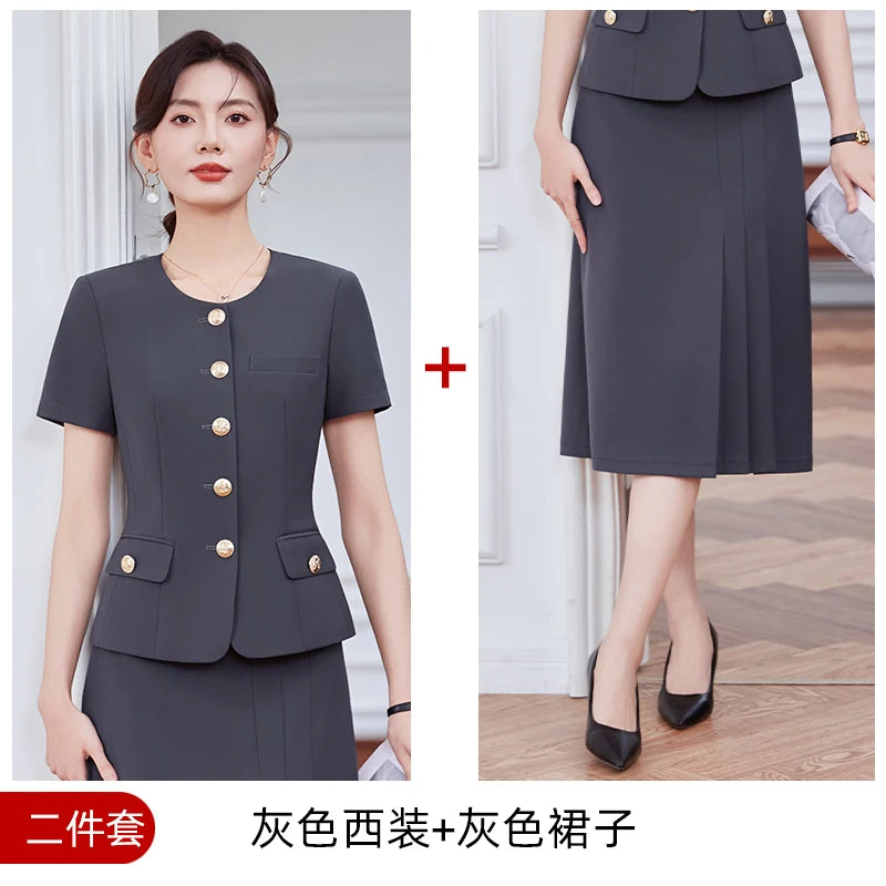 Fashionable professional women's clothing, high-quality two-piece short-sleeved blazer + long skirt, showing elegant temperament