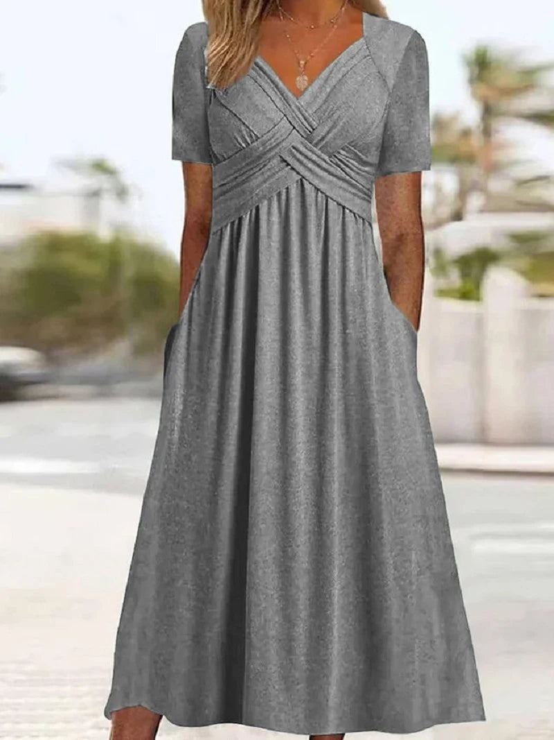 Women Summer Short-sleeve Dress Solid Color Maxi Dress Casual Beach Twist Front V Neck Pleated A Line Pockets Mid Long Dress