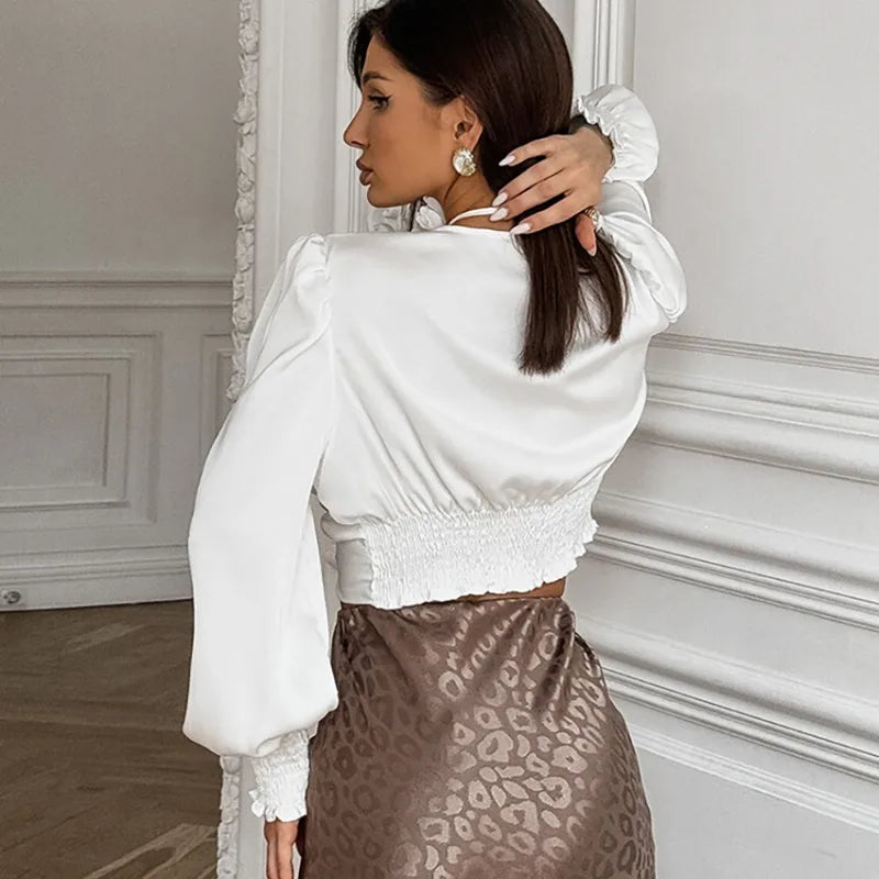 Fashion Comfortable 2025 Autumn Fashion Temperament Design Long Sleeve Open Navel Women's Shirt Commuter Style V-Neck Short Top