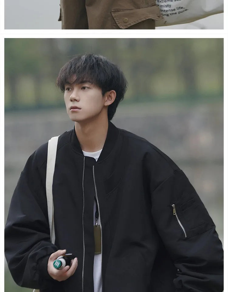 Man Bomber Jacket Oversize Spring Autumn Boys Long Sleeve Stand Collar Baseball Clothes Black Green Retro Coat Plus Size Xxl