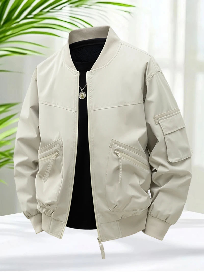 Bomber Jacket for Men Spring Autumn Lightweight V-neck Casual Jacket Streetwear with Sleeve Pocket Stylish Men Daily Wear Coats
