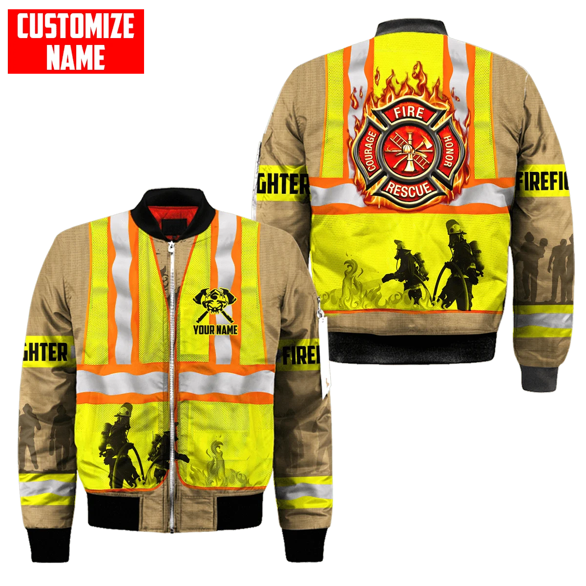 Men bomber jacket Customize Name Brave Firefighter 3D Printed winter zipper Jacket casual unisex Harajuku Streetwear coat FX-07
