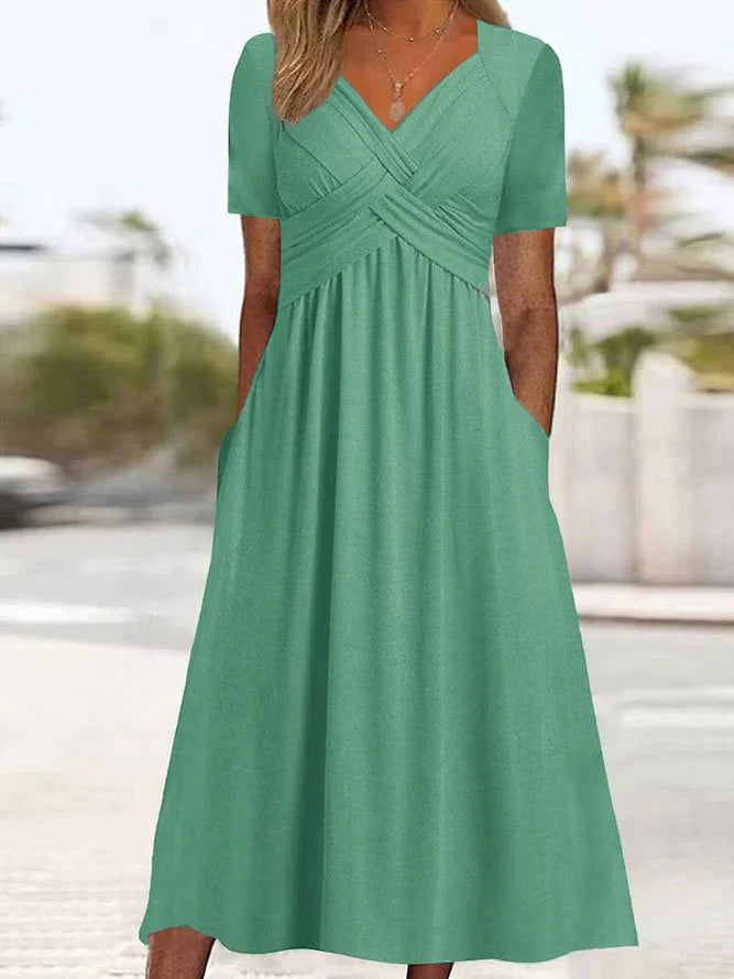 Women Summer Short-sleeve Dress Solid Color Maxi Dress Casual Beach Twist Front V Neck Pleated A Line Pockets Mid Long Dress