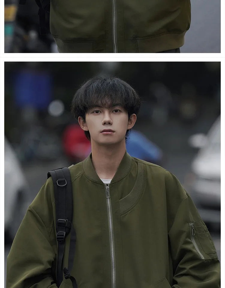 Man Bomber Jacket Oversize Spring Autumn Boys Long Sleeve Stand Collar Baseball Clothes Black Green Retro Coat Plus Size Xxl